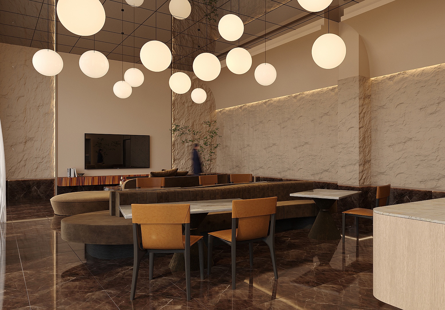 Mana-Mana hospitality lounge with sculptural pendant lights and marble walls