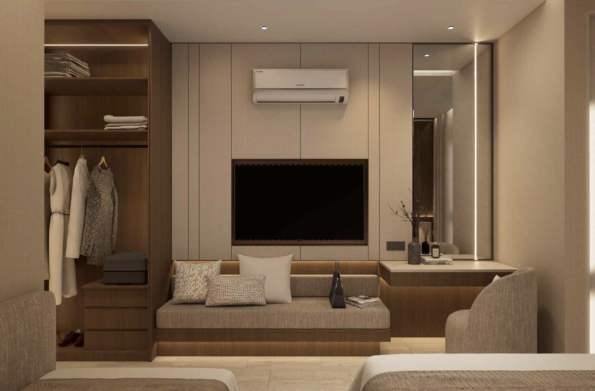 Walnut Elegance Type A television, seating and wardrobe