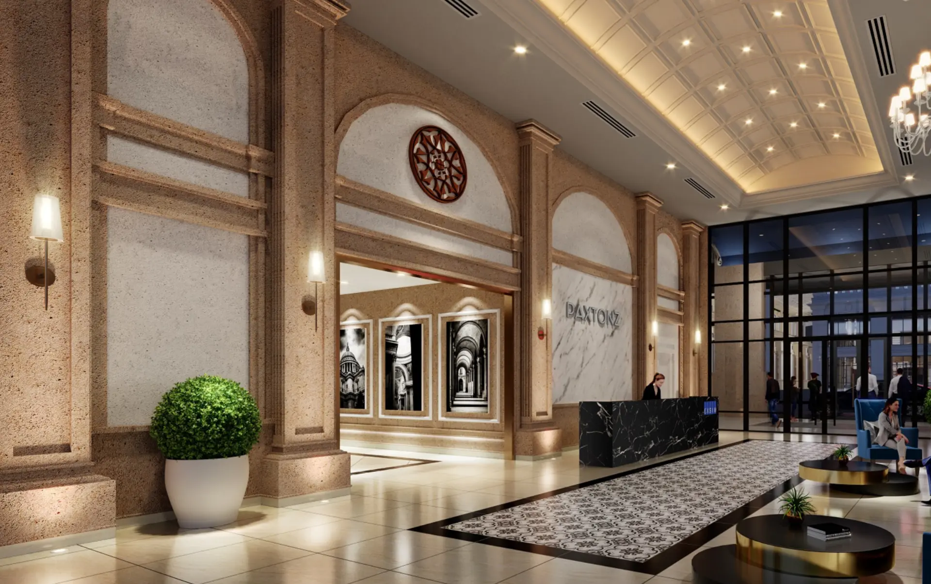 Mana-Mana hospitality lobby with stone arches, reception and lounge seating