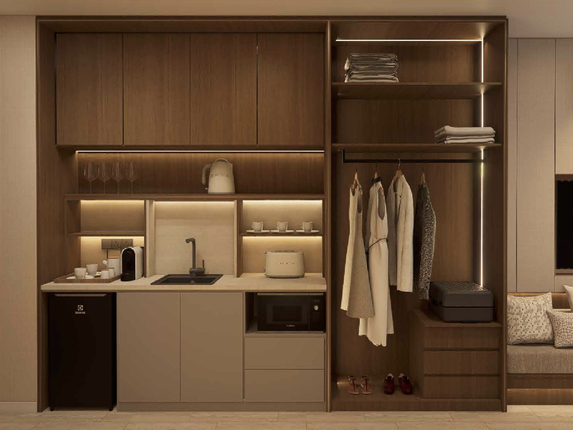 Walnut Elegance Type A kitchenette and wardrobe