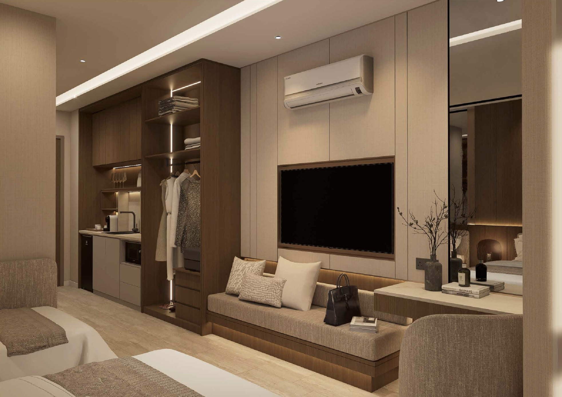 Walnut Elegance Type A living space and kitchenette